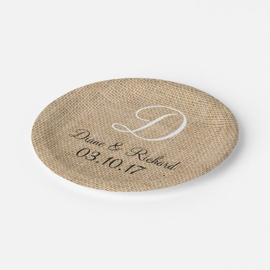 Assiettes En Carton Russe Mariage Burlap Nom Date Monogramme (Angle)