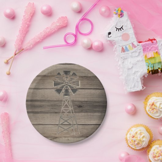 Assiettes En Carton Russe Patiné Wood Country Mariage de moulin à vent (Fête)