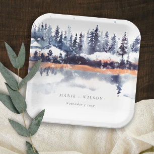 Assiettes En Carton Rust Navy Winter Pine Forest Mariage de neige