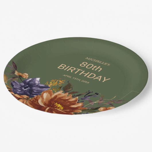 Assiettes En Carton Rust Orange Bleu Floral Vert Anniversaire (Angle)