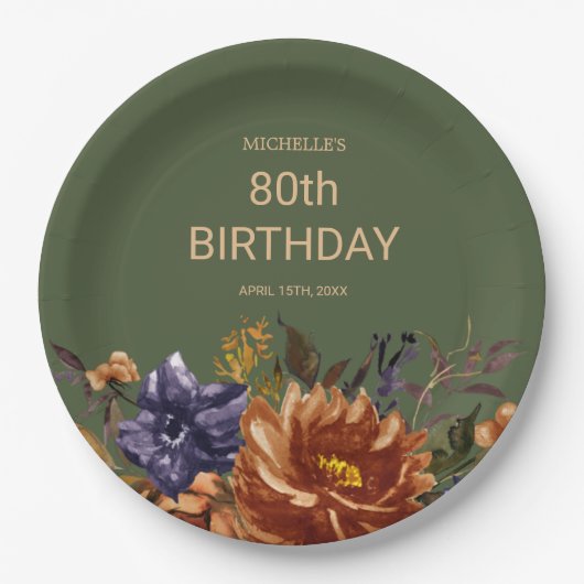 Assiettes En Carton Rust Orange Bleu Floral Vert Anniversaire (Devant)