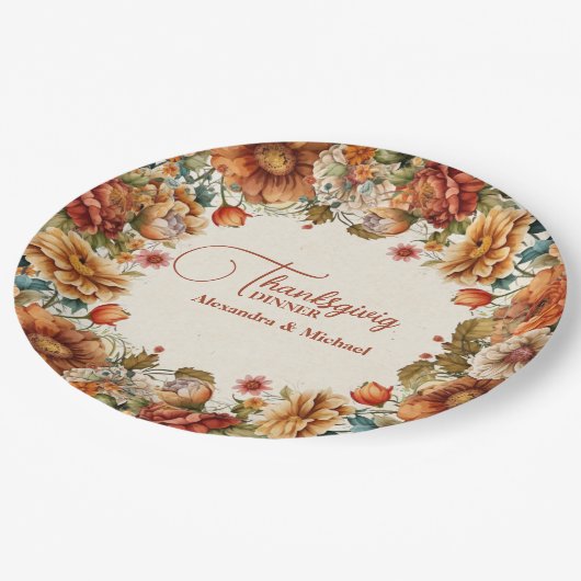 Assiettes En Carton Rust Terracotta Fleurs Thanksgiving Dîner (Angle)