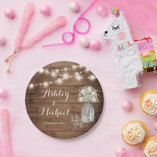 Assiettes En Carton Rustic Baby's Breath Mason Jar Lumières Mariage (Fête)