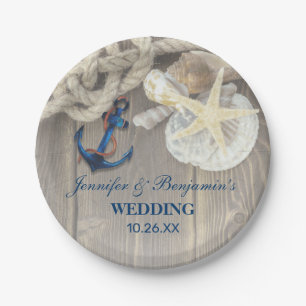 Assiettes En Carton Rustic Beach Shell Navy Ancre Mariage nautique