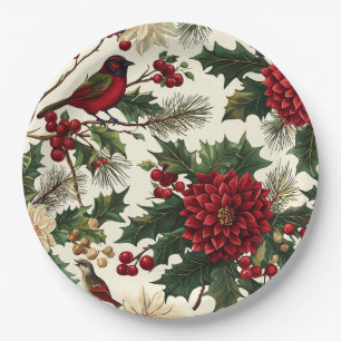 Assiettes En Carton Rustic Bird et Poinsettia Motif de Noël (10)