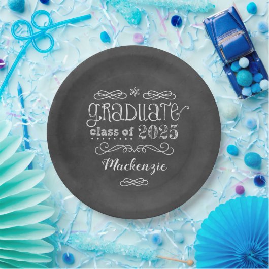 Assiettes En Carton Rustic Black Chalkboard Custom 2025 Nom du diplômé (Fête)