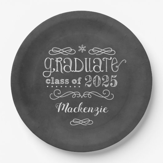 Assiettes En Carton Rustic Black Chalkboard Custom 2025 Nom du diplômé (Devant)