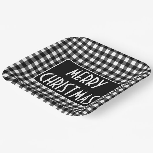 Assiettes En Carton Rustic Black & White Buffalo Plaid Merry Christmas (Angulaire)
