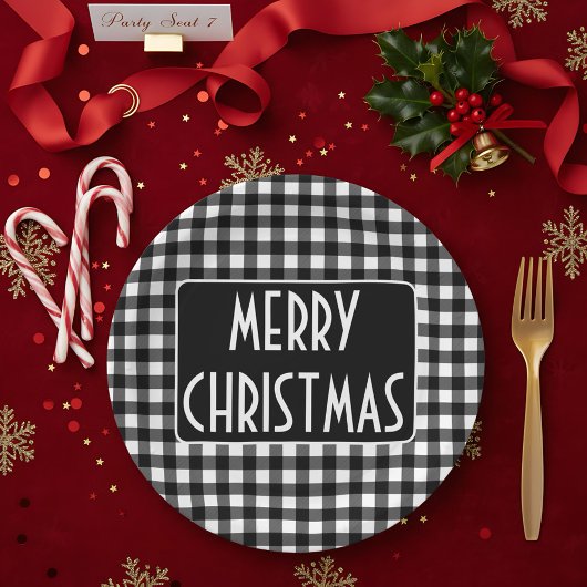 Assiettes En Carton Rustic Black & White Buffalo Plaid Merry Christmas