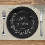 Assiettes En Carton Rustic Boho Black Wildflower Botanical Wedding<br><div class="desc">This elegant wedding paper plate features a chic black background with hand-drawn wildflower wreath and elegant typography in white. It's a perfect design for a rustic yet elegant wedding and coordinates with our Rustic Wildflowers collection... See the collection for more items!</div>