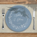Assiettes En Carton Rustic Boho Dusty Blue Wildflower Floral Wedding<br><div class="desc">This elegant wedding paper plate features a beautiful dusty blue background with hand-drawn wildflower wreath and elegant typography in white. It's a perfect design for a rustic yet elegant wedding and coordinates with our Rustic Wildflowers collection... See the collection for more items!</div>