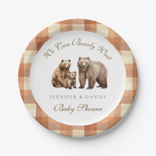 Assiettes En Carton Rustic Brown Plaid Grizzly Bear Family Baby Shower (Devant)