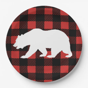 Assiettes En Carton Rustic Buffalo Check Plaid & White Bear Silhouette