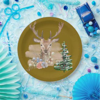 Assiettes En Carton Rustic Christmas Tree with Brown-Beige Watercolor