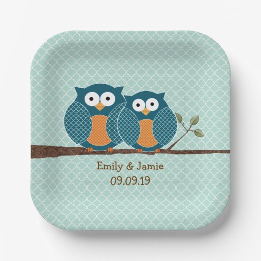 Assiettes En Carton Rustic Country Chouettes Turquoises assis dans un  (Recto)