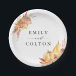 Assiettes En Carton Rustic Fall Gold Floral Citrouille Mariage<br><div class="desc">Cette plaque en papier mariage présente des fleurs d'aquarelle rustique et des citrouilles en orange brûlé,  or,  terre cuite,  bordeaux,  broussailleux avec l'herbe pampa beige et marron. Pour une personnalisation plus avancée de cette conception,  cliquez sur le lien "customiser plus loin". Des articles correspondants sont également disponibles.</div>