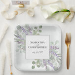 Assiettes En Carton Rustic Lavender et Eucalyptus Elegant Boho Wedding<br><div class="desc">These elegant boho chic paper veut plate add a special touch to your reception, rehearsal dinner, or other wedding celebrations. They feature a hand painted watercolor design with your names and the wedding date inside a white frame on a marbled dusty blue background surrounded by a bounty of lavender flowers,...</div>