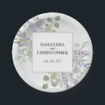 Assiettes En Carton Rustic Lavender et Eucalyptus Elegant Boho Wedding<br><div class="desc">These elegant boho chic paper veut plate add a special touch to your reception, rehearsal dinner, or other wedding celebrations. They feature a hand painted watercolor design with your names and the wedding date inside a white frame on a marbled dusty blue background surrounded by a bounty of lavender flowers,...</div>