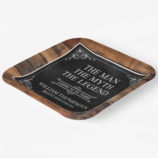 Assiettes En Carton Rustic Man Myth Légende 80e anniversaire Noir (Angulaire)