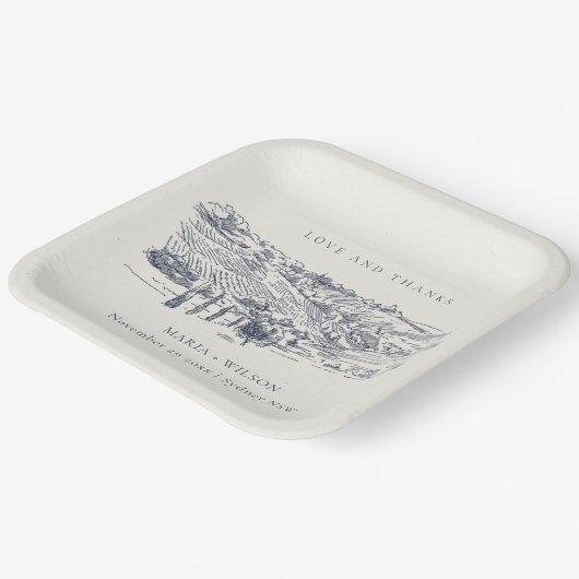 Assiettes En Carton Rustic Navy Blue Winery Mountain Mariage croquis (Angulaire)