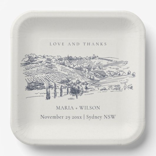 Assiettes En Carton Rustic Navy Blue Winery Mountain Mariage croquis (Recto)