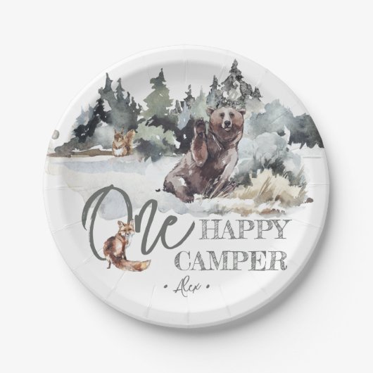 Assiettes En Carton Rustic One Happy Camper fête d'anniversaire (Devant)