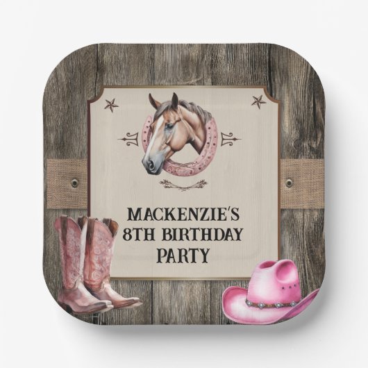 Assiettes En Carton Rustic Rose équitation fête d'anniversaire (Recto)