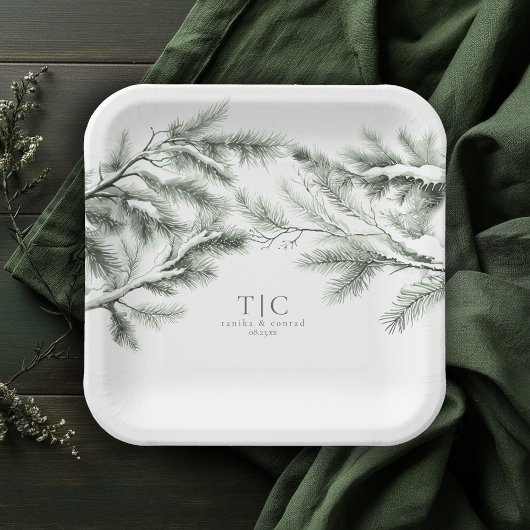 Assiettes En Carton Rustic Winter Wedding Boughs Forest Green ID1049