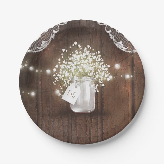 Assiettes En Carton Rustic Wood Mason Jar Baby's Breath Barn Mariage (Devant)