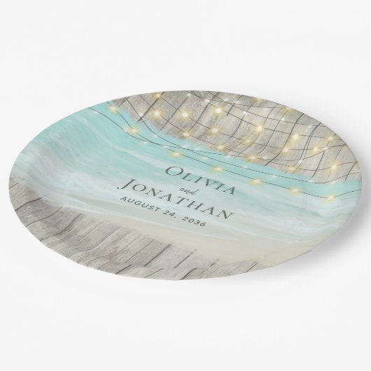 Assiettes En Carton Rustic Wood Ocean Beach Chaîne Mariage (Angle)