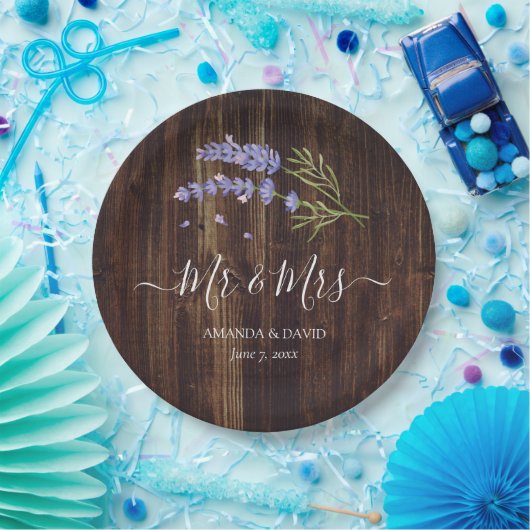 Assiettes En Carton Rustic Wood Purple Lavender M. et Mme Mariage (Fête)