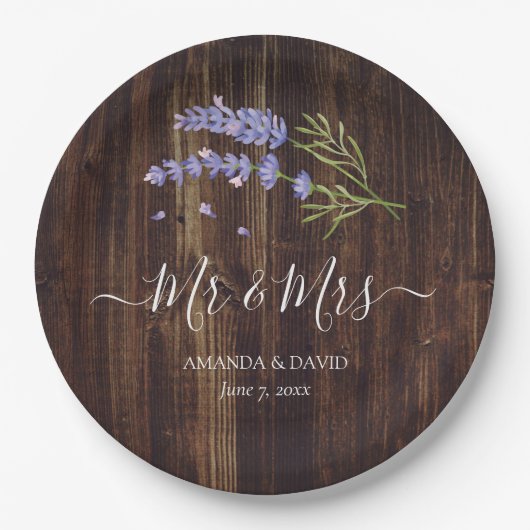 Assiettes En Carton Rustic Wood Purple Lavender M. et Mme Mariage (Devant)