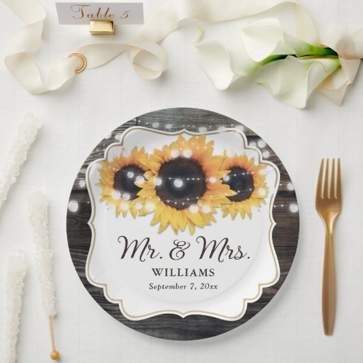 Assiettes En Carton Rustic Wood Sunflower M. et Mme Mariage (Mariage)