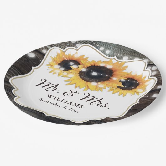 Assiettes En Carton Rustic Wood Sunflower M. et Mme Mariage (Angle)