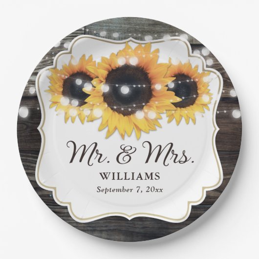 Assiettes En Carton Rustic Wood Sunflower M. et Mme Mariage (Devant)