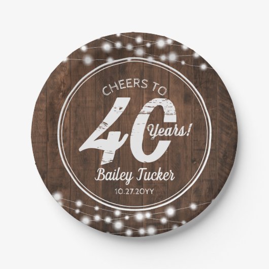 Assiettes En Carton Rustique 40e anniversaire String lumières fête d'a (Devant)