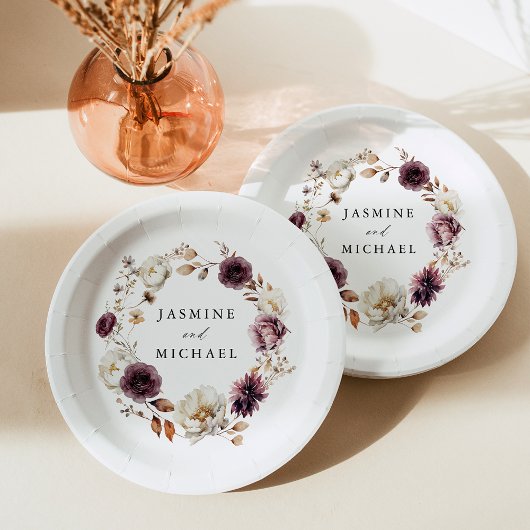 Assiettes En Carton Rustique Automne Marsala Floral Mariage Wreath