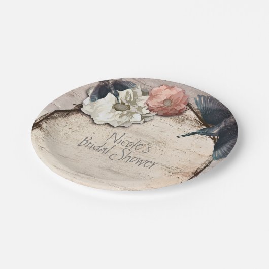 Assiettes En Carton Rustique Blanc Birch Floral & Hummingbird Élégant (Angle)