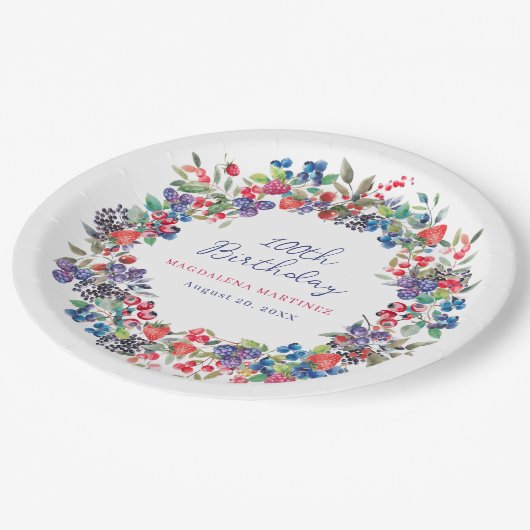 Assiettes En Carton Rustique Boho Berry Été 100e Anniversaire Custom (Angle)