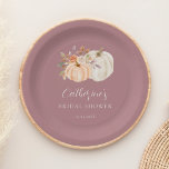 Assiettes En Carton Rustique Boho Fall Floral Citrouille Fête des mari<br><div class="desc">Plaques de papier-douche à citrouille à fleurs de boho rustique. Ces plaques en papier de douche nuptiale présentent un arrière - plan pourpre poussiéreux au design citrouille aquarelle. Ce feuillage d'automne intègre des tons oranges rouillés, terre cuite, bronze et beige dans tout le design. Les plaques en papier parfaites pour...</div>