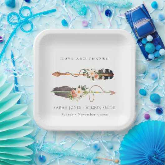 Assiettes En Carton Rustique Boho Feather Floral Flèche Mariage Merci (Fête)