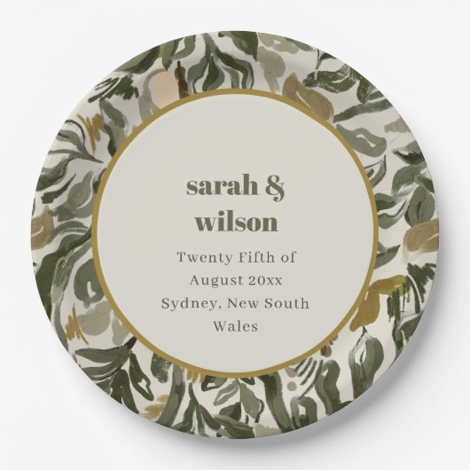 Assiettes En Carton Rustique Boho Retro Arch Mariage botanique vert (Devant)