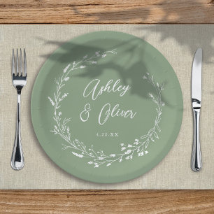 Assiettes En Carton Rustique Boho Sage Green Fleur sauvage Floral Mari