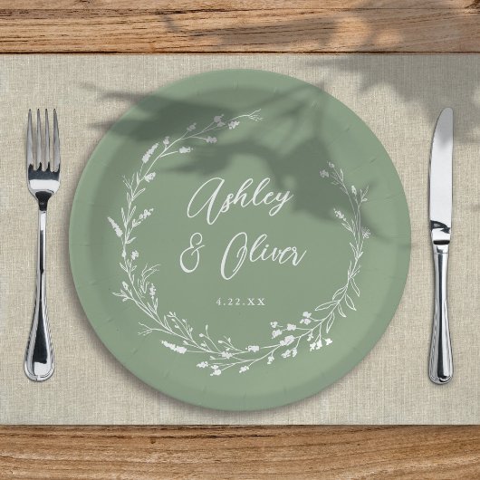 Assiettes En Carton Rustique Boho Sage Green Fleur sauvage Floral Mari