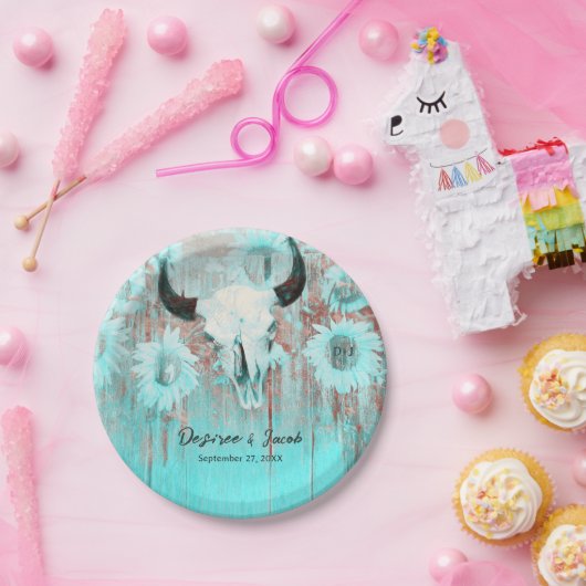 Assiettes En Carton Rustique Boho Turquoise Tournesol Occidental Taure (Fête)