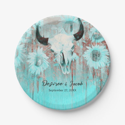 Assiettes En Carton Rustique Boho Turquoise Tournesol Occidental Taure (Devant)