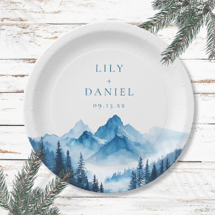 Assiettes En Carton Rustique Boho Watercolor Blue Mountains Mariage