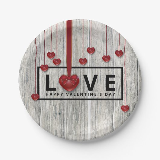 Assiettes En Carton Rustique Bois Saint Valentin AMOUR Coeurs rouges M (Devant)