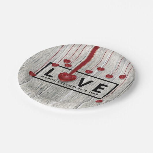 Assiettes En Carton Rustique Bois Saint Valentin AMOUR Coeurs rouges M (Angle)