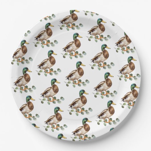 Assiettes En Carton Rustique Chic Aquarelle Mallard Canard (Devant)